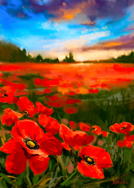 Poppy field at sunset digital pastel colorful landscape painting by Mikko Tyllinen
