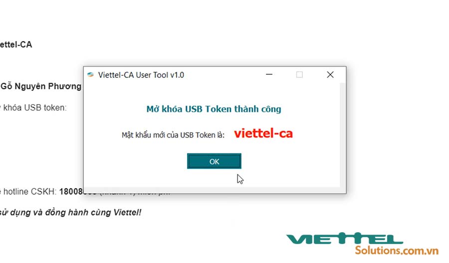Hình 10 - Thông báo mở khóa token Viettel HCM thành công