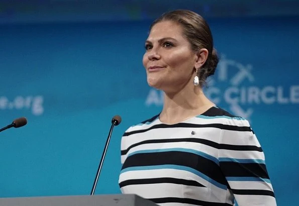 Crown Princess Victoria wore a printed midi dress by Dolce & Gabbana. In2Design Baroque Pearl earrings Kate Middleton