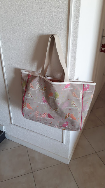 sac cabas toile beige oiseaux fait main