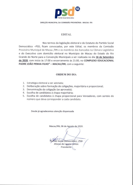 PSD do prefeito Túlio Lemos marca convenção para 16 de setembro