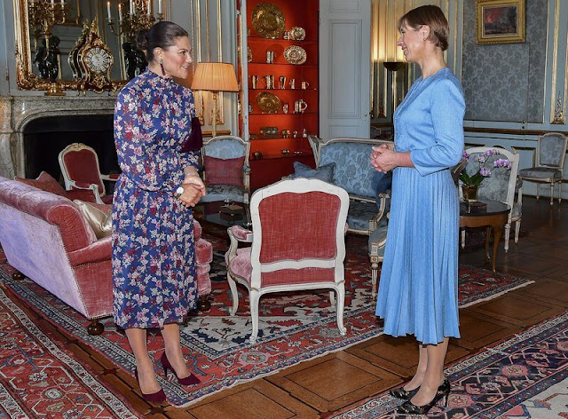 Crown Princess Victoria wore a new Sadie floral print midi dress from By Malina. Oscar de la Renta earrings