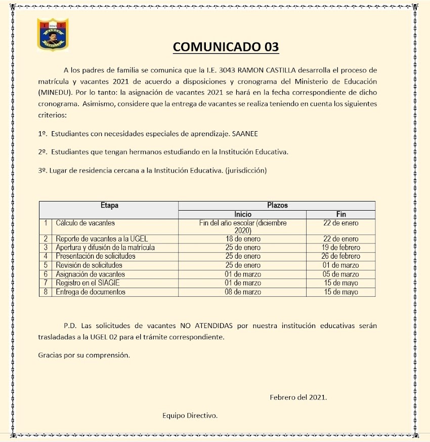 COMUNICADO 03 - Proceso de matrícula y vacantes 2021 