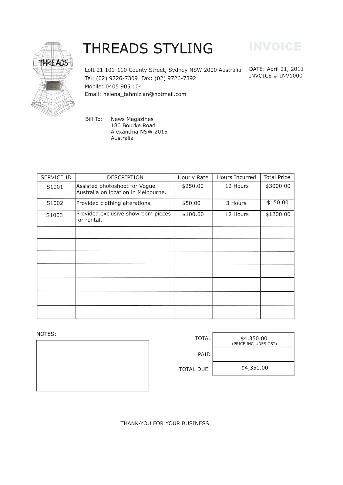 fashion process INVOICE