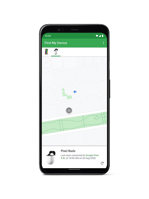 A phone showing Find My Device with last known location of Pixel Buds on a map