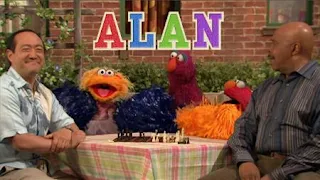 Gordon and Alan play chess, Elmo, Zoe and Telly begin cheering for Alan. Sesame Street Episode 4420, Three Cheers for Us, Season 44