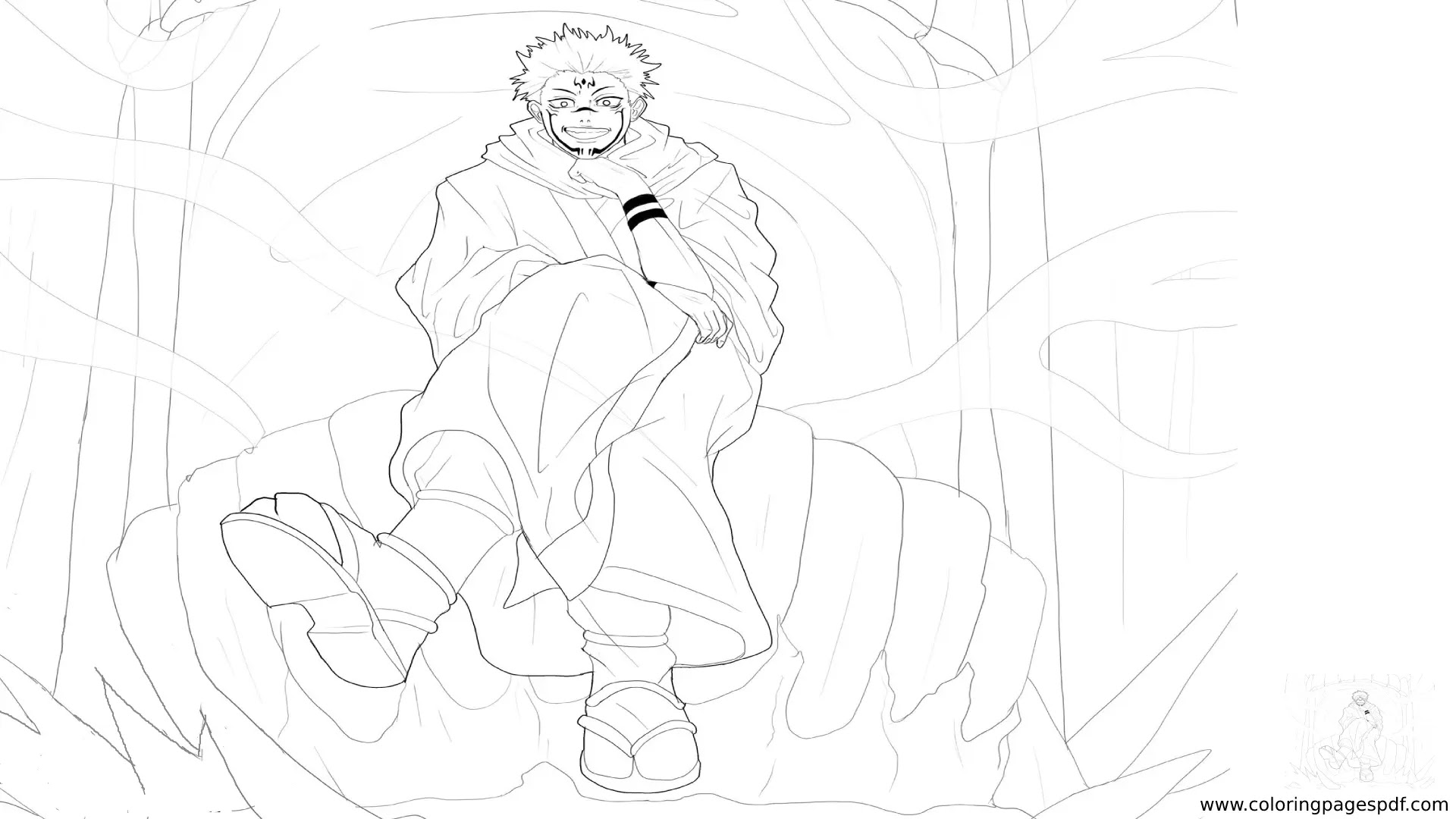 Coloring Page Of Sukuna Sitting And Smiling