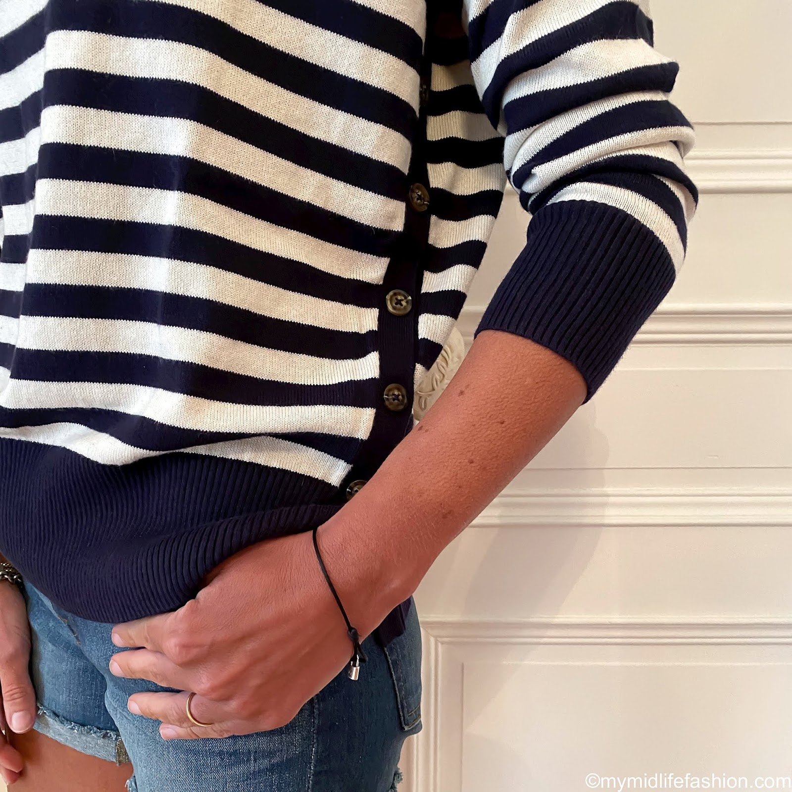 my midlife fashion, h and m Panama, woolovers navy/cream Breton stripe dropped shoulder jumper, j crew denim shorts, golden goose superstar low top leather trainers