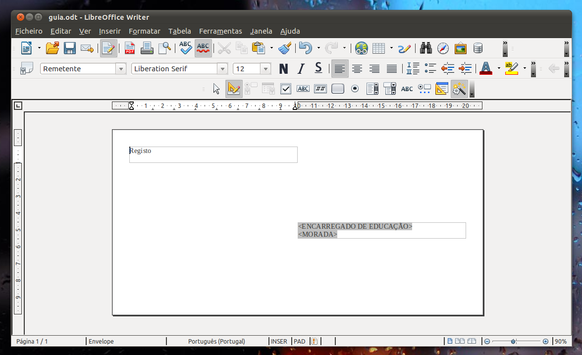 Registo: Editar Envelopes/ LibreOffice Writer