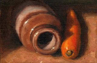 Oil painting of a carrot beside a brown earthenware jar on its side.