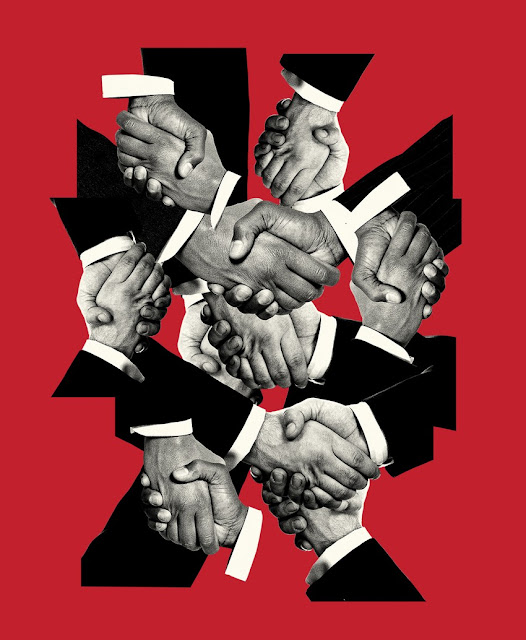 A lattice consisting of multiple photos of hands in dark suits in a handshake on red background