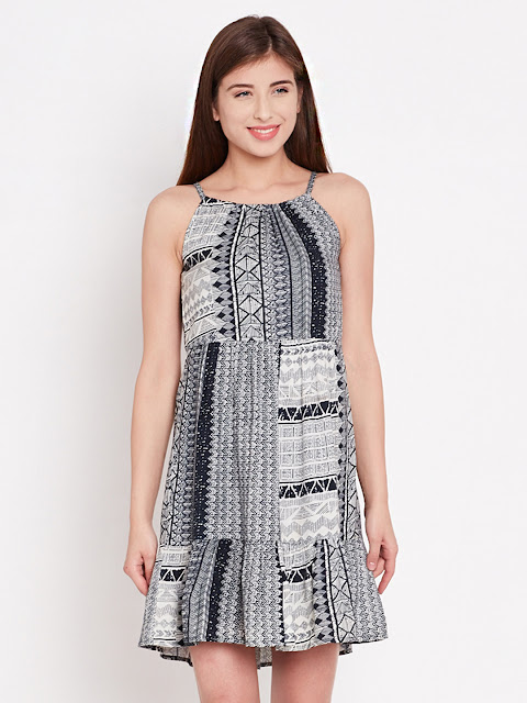 navy printed flared dress