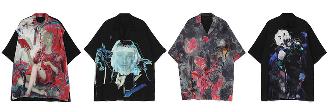 <Yohji Yamamoto Pour Homme x James Jean Shirt> Price: From left, 105,600 yen, 101,200 yen, 103,400 yen, 101,200 yen (all including tax)