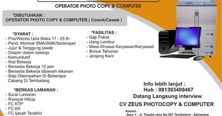 Lowongan Kerja Operator di CV. Zeus Photo Copy & Komputer Semarang