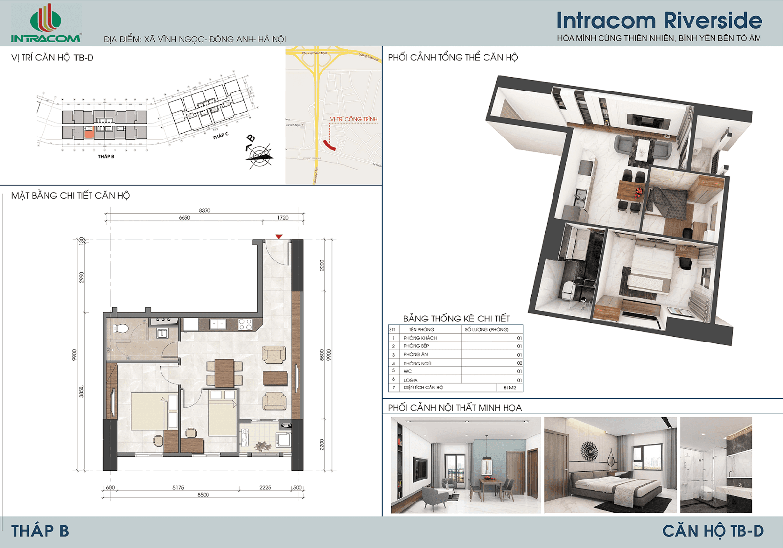 Căn hộ D, 51,2, tòa B chung cư Intracom Riverside.