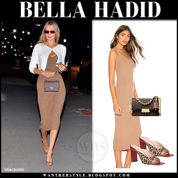 Bella Hadid in camel midi dress and white cardigan in NYC on July 24 ...