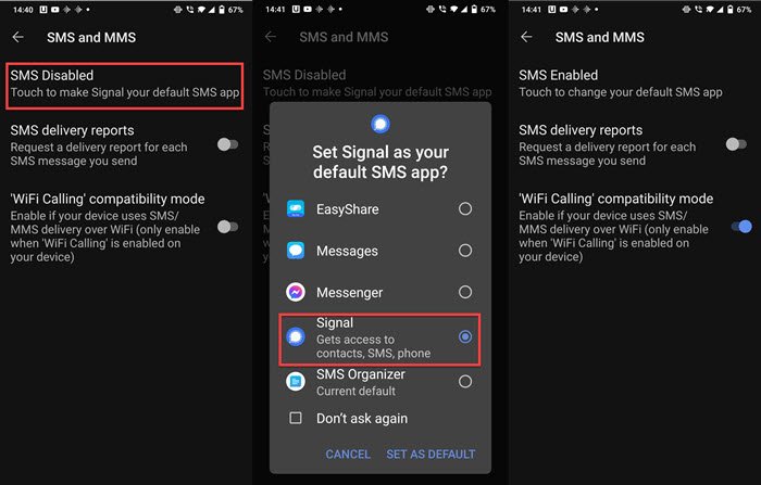 Signal을 Android에서 기본 SMS 메시지 앱으로 만드는 방법