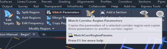 Match corridor region parameters tool in Autodesk Civil 3D