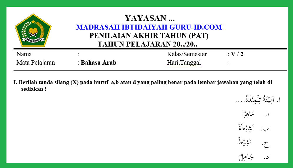 soal &amp; Jawaban PAT bahasa Arab kelas 5 semester 2 Tahun