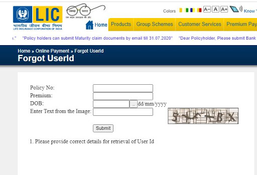 LIC user id forget - Get your User id - LIC of India online services