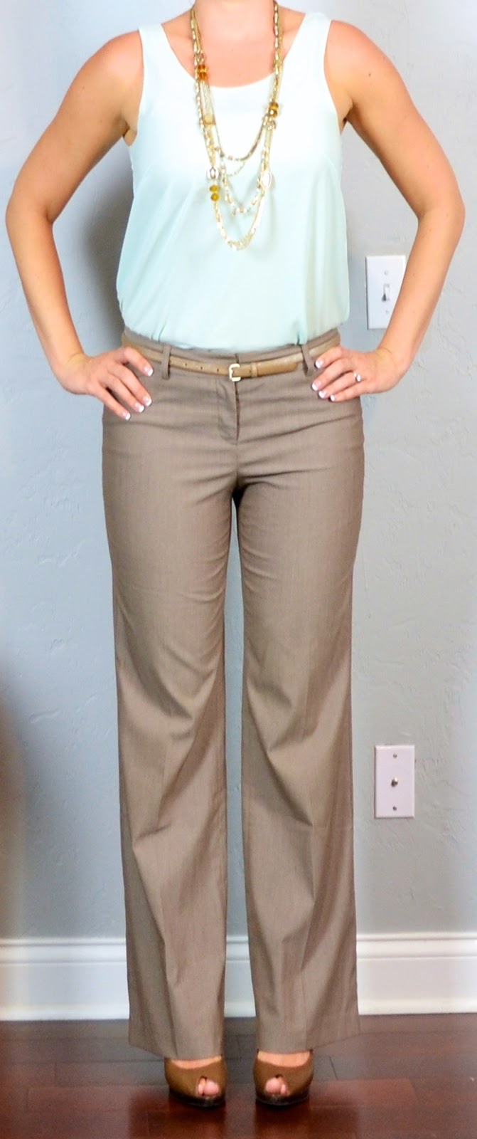 outfit post: mint tank, tan pants, brown peep-toed pumps | Outfit Posts