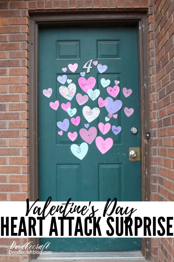 That's it!   Have you ever delivered secret love notes?     Tell me in the comments what you did and the results!   Share so much love with someone you know by filling their door with love notes and hearts!   It's an inexpensive and fun surprise that anyone would love!   Have you ever had someone heart attack you?    Like, Pin and Share!