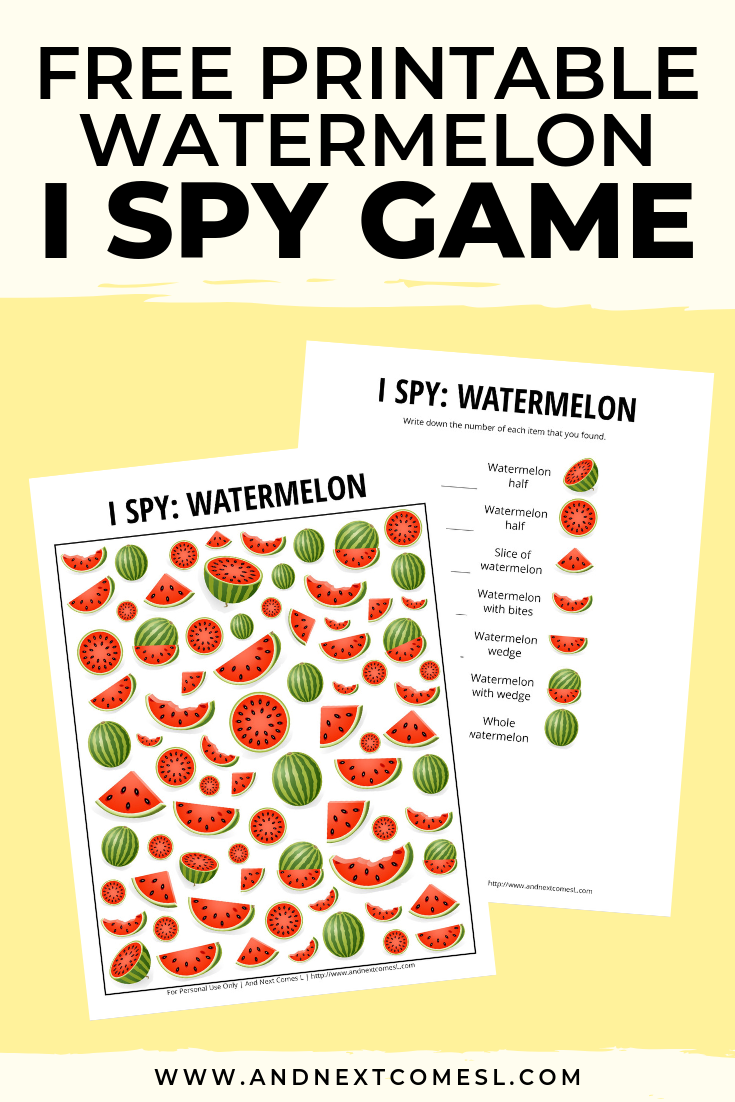 Free I spy game printable for kids: watermelon themed