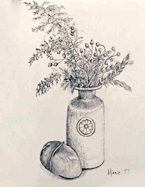 Silly Putty Egg & Dried Flower Vase ~ drawing by Minaz Jantz