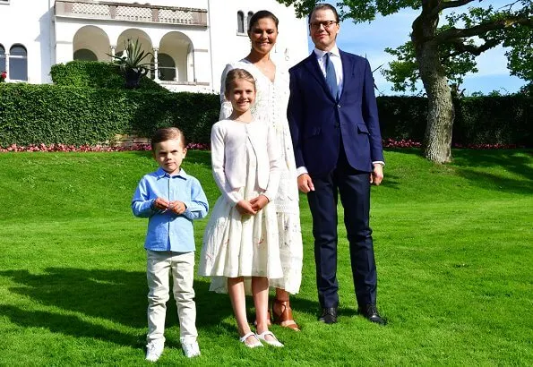 Crown Princess Victoria wore By Malina Iris dress. Prince Daniel, Princess Estelle, Prince Carl Philip and Princess Sofia
