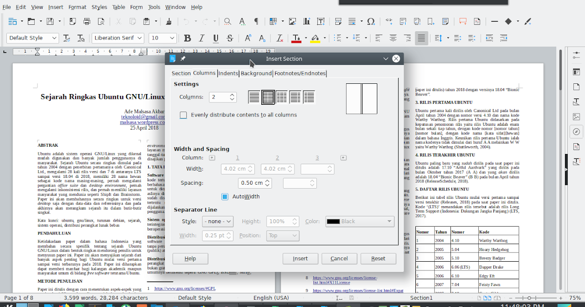 LibreOffice Writer 6.0 Create Columns