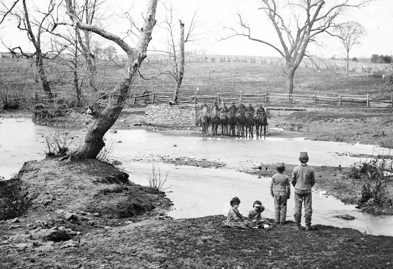 Federal cavalry at Sudley Ford, Virginia, following the battle of First Bull Run, in March of 1862.