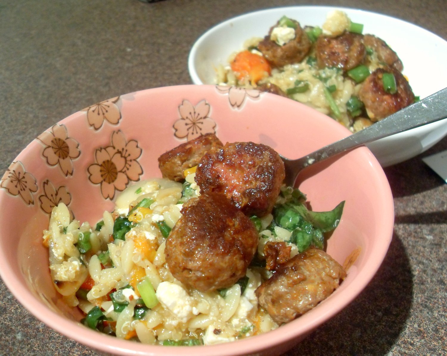 Laura's Apicius Lamb Chorizo Sausage over Orzo with Roasted Peppers