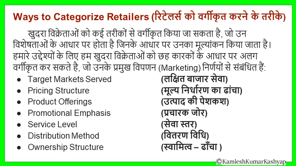 ORGANISED RETAIL IN HINDI Classification of retailers ( खुदरा
