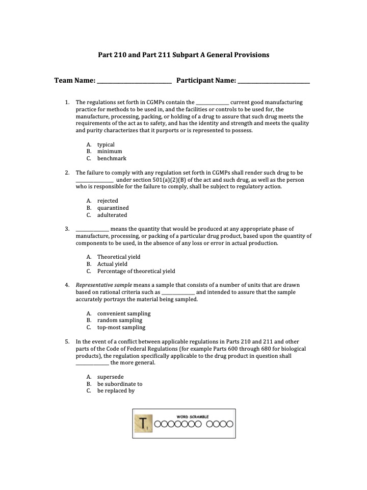 The QA Pharm Weekly CGMP Quiz 1 Part 210 & 211 Subpart A General