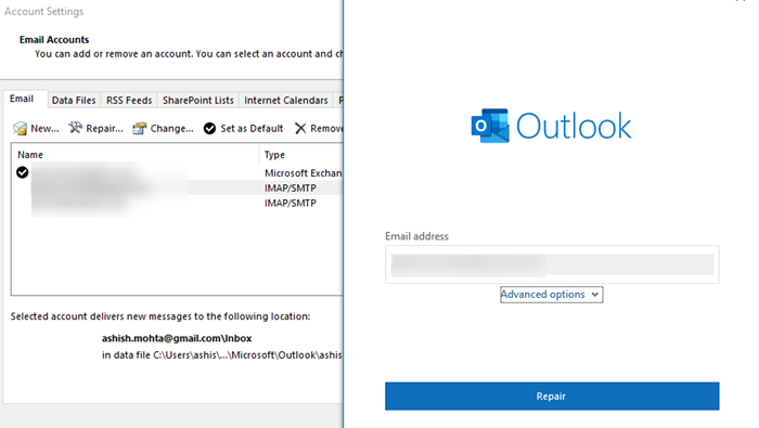 Reparar cuenta de correo electrónico en Outlook