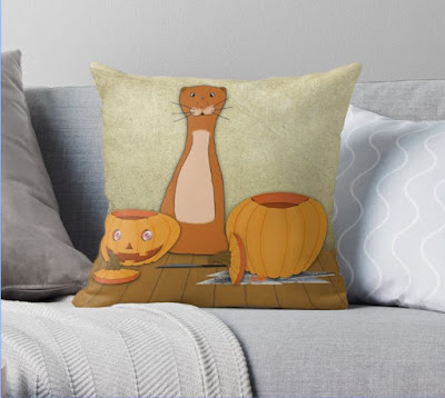 Oliver The Otter Carves a Pumpkin Throw Pillow