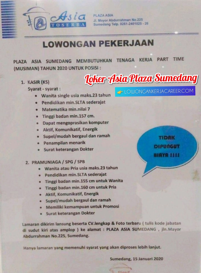 Lowongan Kerja Asia Plaza Sumedang 2021