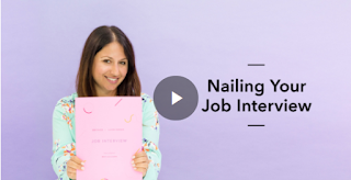 Nailing Your Job Interview Online Course Screenshot from Craftsy image shows video still of seated woman holding pink papers upright in front of herself and smiling link opens in the online course page