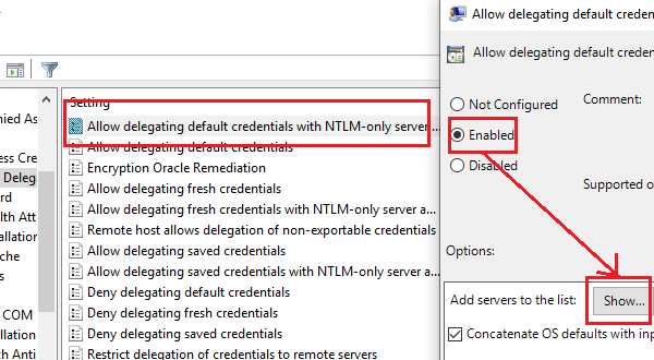 Разрешить делегирование учетных данных по умолчанию с проверкой подлинности сервера только NTLM