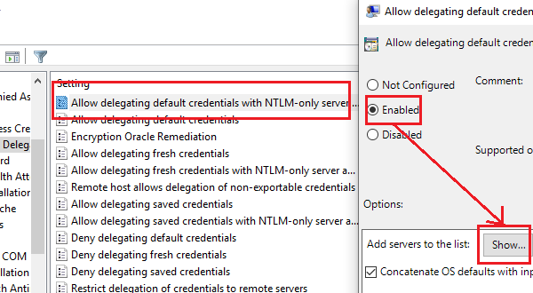 Consenti la delega delle credenziali predefinite con l'autenticazione del server solo NTLM