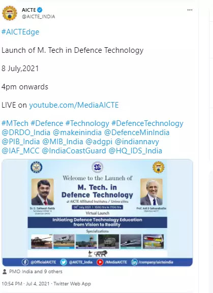 Launch of M. Tech in Defence Technology