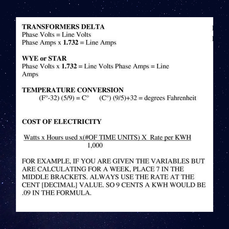 Formulas to study for the electrical test