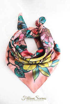 Pale pink square silk scarf Satin neckerchief Hand-PAINTED Floral neck accessory Unique women Mother's Day gift for grandmother #FilkinaScarves #mothersdaygift #giftformom #giftforgrandmother #silkpainting #floralscarves #womensgifts #womensfashion #womensaccessory #neckerchief #squarescarves #neckscarf