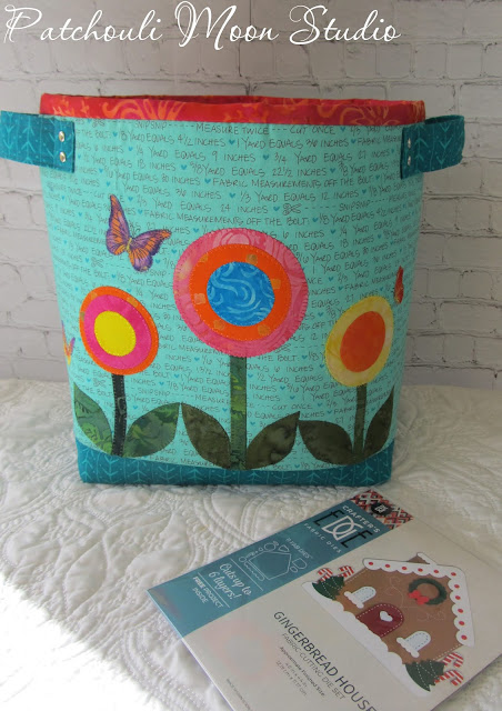 Patchouli Moon Studio~ Fabric Container to Hold Crafter's Edge Die Cuts & Plates Fabric container with handles and applique circle shaped flowers