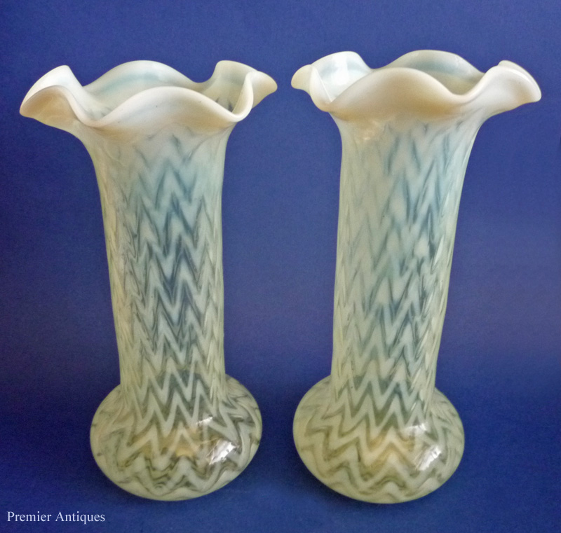 Premier Antiques Thomas b 'Herringbone' Vaseline Glass Vases c1880