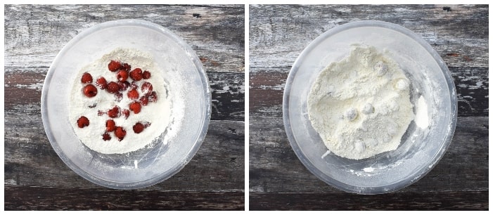 Making raspberry & white chocolate cupcakes - step 3 - fresh raspberries added to the dry ingredients