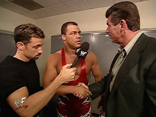 WWE / WWF No Mercy 2001 - Vince McMahon wishes Kurt Angle luck