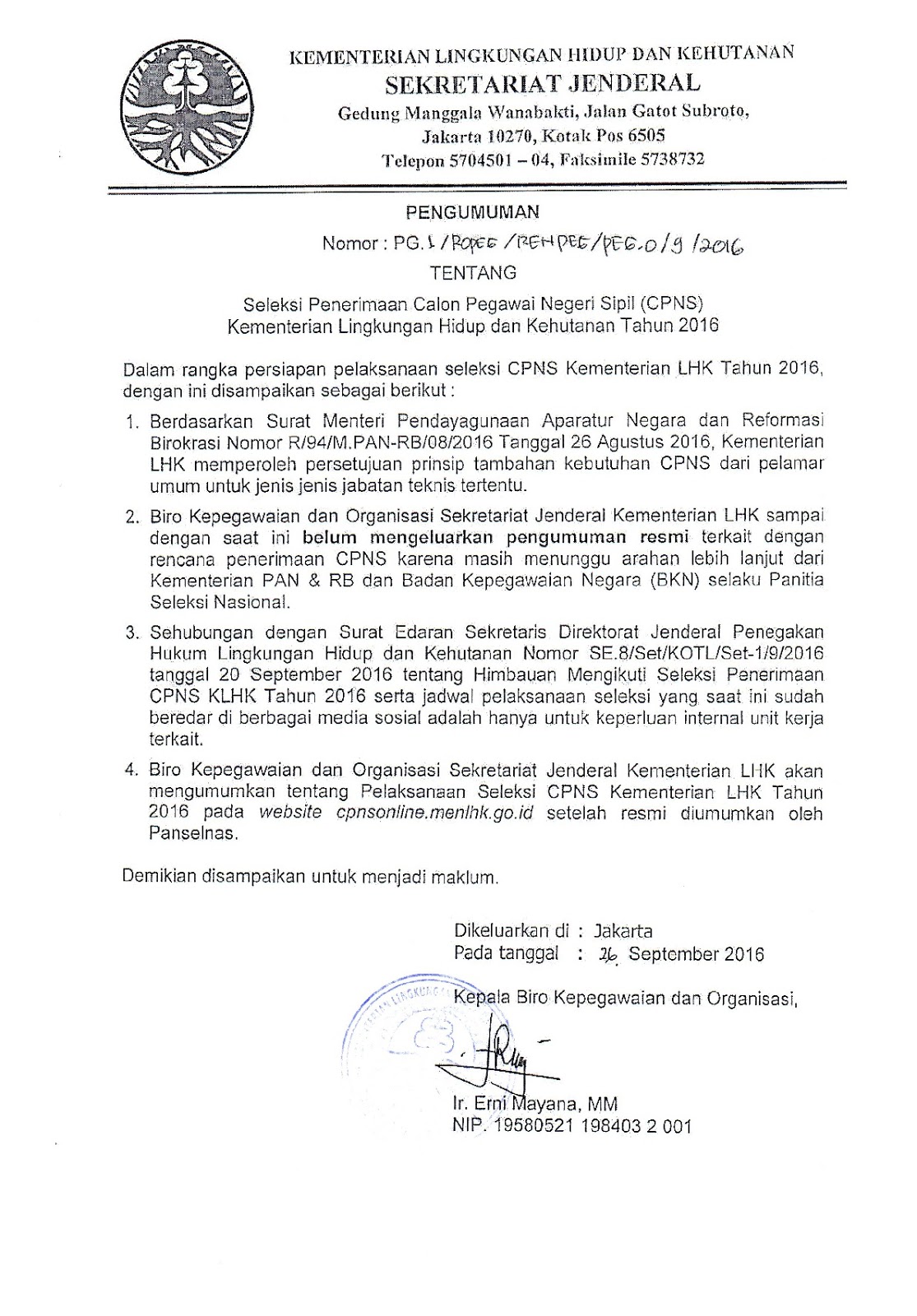 Seleksi Penerimaan CPNS Kementerian Lingkungan Hidup Dan