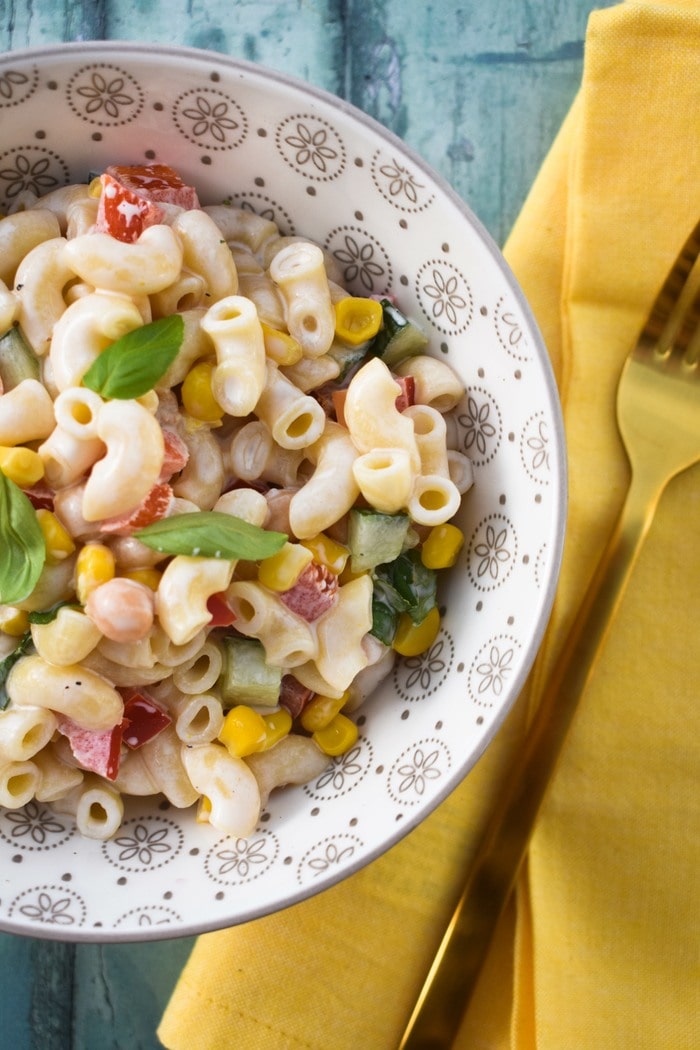 macaroni salad overhead shot of bowl of macaroni salad