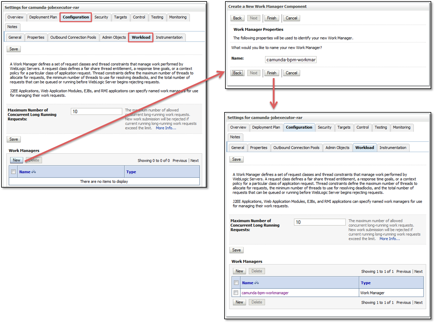 screen captured steps for creating a weblogic work manager